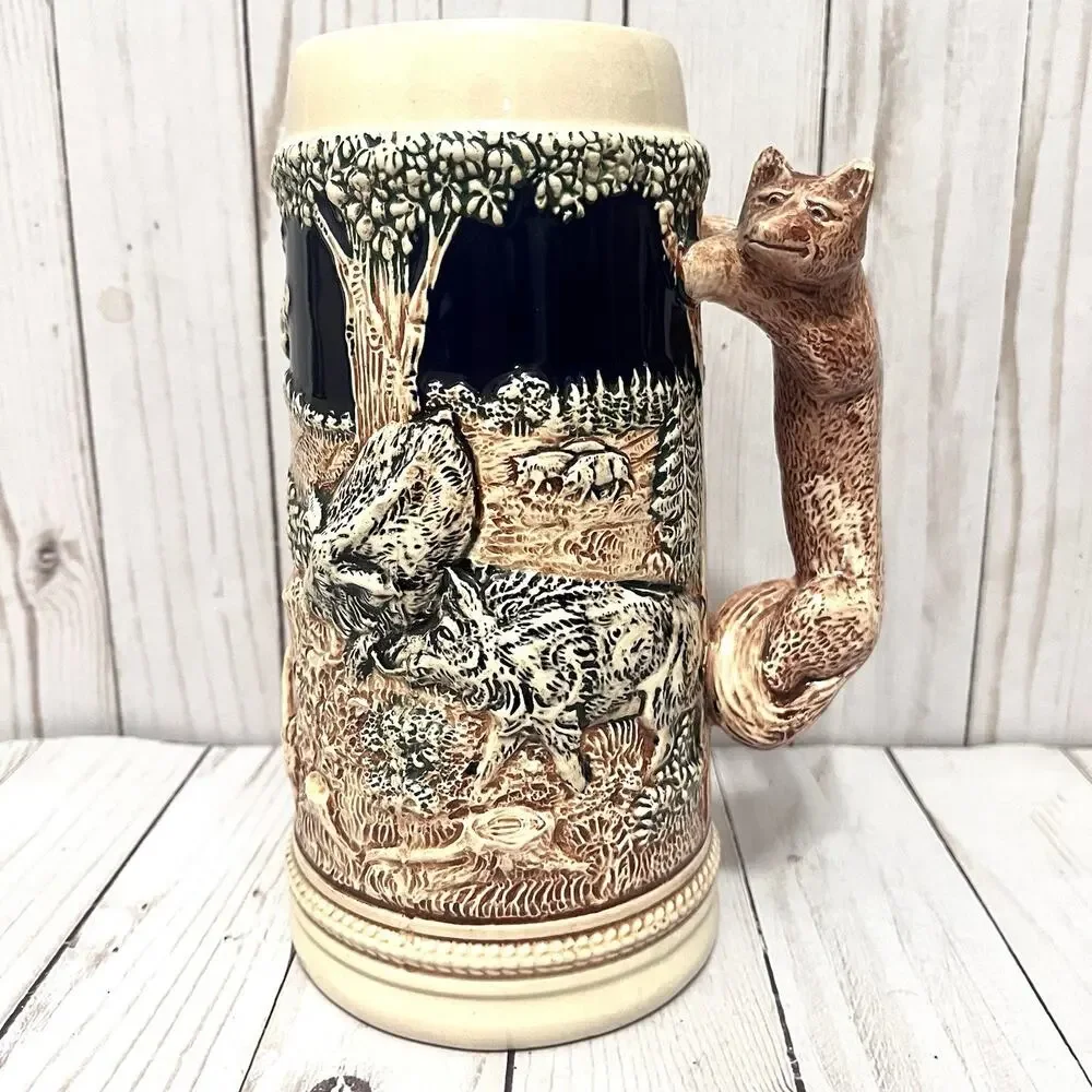 Vintage GERZ German BEER STEIN w/o Lid, Hunting Theme, Fox Handle... Beautiful